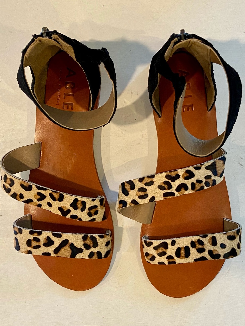 New ABLE Leather Sandals Leopard Calf Hair Black Suede Leather Sole Retail $100
